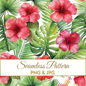 Puede incluir: Un patrón sin costuras que presenta flores de hibisco de color rojo vibrante y varias hojas de palmera tropical verdes sobre un fondo blanco. Un recuadro rectangular blanco en el centro contiene el texto Seamless Pattern PNG & JPG en letras doradas.
