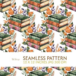 Puede incluir: Patrón sin costuras de acuarela con pilas de libros en tonos verdes, naranjas y rosas, rodeadas de hojas y follaje otoñal. El texto "SEAMLESS PATTERN" se muestra debajo. El patrón mide 30,48 x 30,48 cm.