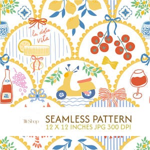 Puede incluir: Patrón sin costuras con ilustraciones de temática italiana. Presenta limones, tomates, un scooter amarillo, vino y la frase "la dolce vita". El diseño incluye un patrón repetitivo de bordes festoneados y varios elementos italianos de comida y bebida.
