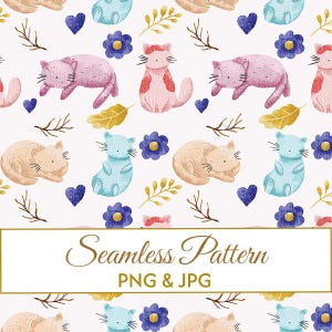 Puede incluir: Un patrón sin costuras con ilustraciones de acuarela de gatos en rosa, melocotón y azul, junto con flores azules, hojas doradas y corazones morados sobre un fondo blanco. Se muestra el texto "Seamless Pattern".