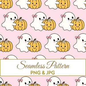 Nahtloses rosa Pastellmuster (JPG/PNG), niedliches Gespenst mit Schleife (Digitalpapier), Kawaii-Kürbis-Stoffdesign, gruselige, kokette Kunst