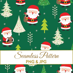 Puede incluir: Patrón navideño sin costuras sobre un fondo verde. El diseño presenta figuras de Papá Noel, árboles de Navidad y acentos de estrellas. El texto "Seamless Pattern" se muestra en un rectángulo blanco, junto con "PNG & JPG".