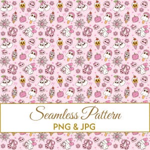 Seamless Coquette Ghost Cherries Pattern JPG PNG, Pink Halloween Digital Paper, Cute Skull Ice Cream Fabric Design, Kawaii Spooky Commercial