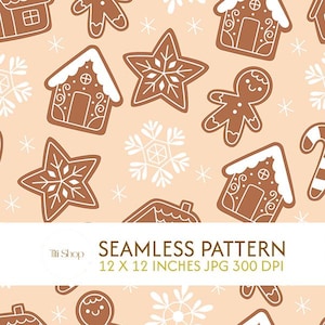 Puede incluir: Un patrón continuo con casas de jengibre marrones, figuras de jengibre, galletas en forma de estrella y copos de nieve blancos sobre fondo melocotón. Texto: Titi Shop SEAMLESS PATTERN 12 X 12 INCHES JPG 300 DPI.