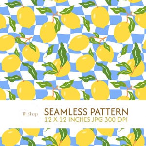 Puede incluir: Un patrón sin costuras con limones amarillos y hojas verdes sobre un fondo de tablero de ajedrez azul y blanco ondulado. El texto en la parte inferior dice: Titi Shop SEAMLESS PATTERN 12 X 12 INCHES JPG 300 DPI.