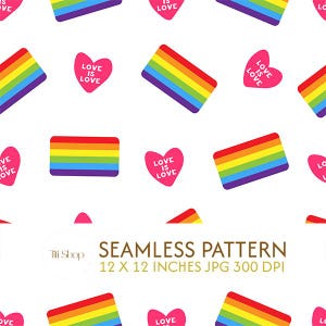 Pride Flag & Love is Love Heart Seamless Pattern, Rainbow Digital Paper, LGBTQ+ Fabric Design, Pride Month Art Commercial Use