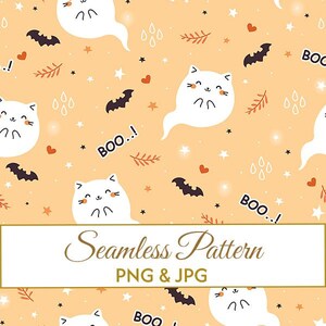Puede incluir: Un patrón continuo con gatos fantasma blancos, murciélagos negros, corazones naranjas, estrellas y hojas sobre un fondo naranja claro. El texto BOO..! se repite. La imagen incluye una franja blanca con el texto Seamless Pattern PNG & JPG.