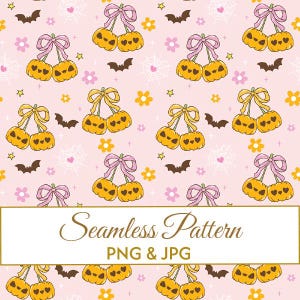 Seamless Pink Pumpkin Cherry Pattern JPG PNG, Cute Ghost with Bow Digital Paper, Coquette Bow Halloween Fabric Design, Spooky Commercial Art