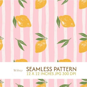 Puede incluir: Patrón sin costuras con limones amarillos y hojas verdes sobre un fondo de rayas rosas y blancas. El texto "SEAMLESS PATTERN 12 X 12 INCHES JPG 300 DPI" se muestra en la parte inferior de la imagen.