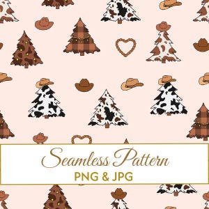 Puede incluir: Un patrón continuo sobre un fondo rosa claro con ilustraciones de árboles de Navidad con estampado de vaca, cuadros y estrellas, sombreros de vaquero marrones y corazones de cuerda. El texto Seamless Pattern PNG & JPG está centrado.