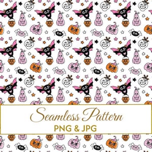 Seamless Pink Halloween Pattern JPG PNG, Cute Pastel Spooky Digital Paper, Kawaii Bat Pumpkin Fabric Design, Kids Commercial Use Art