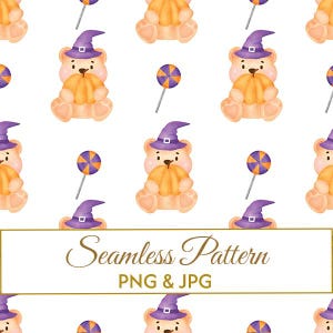 Seamless Halloween Pattern JPG PNG, Cute Watercolor Teddy Bear Digital Paper, Kids Pumpkin Witch Fabric Design, Spooky Commercial Use Art