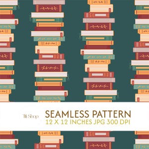 Puede incluir: Patrón sin costuras con pilas de libros en varios colores, incluyendo rojo, verde y amarillo, sobre un fondo verde azulado. Los libros tienen páginas blancas y están dispuestos verticalmente. El texto "SEAMLESS PATTERN 12 X 12 INCHES JPG 300 DPI" también es visible.
