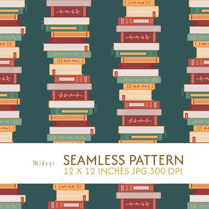 Puede incluir: Patr&oacute;n sin costuras con pilas de libros en varios colores, incluyendo rojo, verde y amarillo, sobre un fondo verde azulado. Los libros tienen p&aacute;ginas blancas y est&aacute;n dispuestos verticalmente. El texto "SEAMLESS PATTERN 12 X 12 INCHES JPG 300 DPI" tambi&eacute;n es visible.