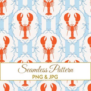 Puede incluir: Patrón sin costuras con langostas naranjas en marcos ovalados con lazos azules, sobre un fondo blanco con rayas azules. El texto "Seamless Pattern PNG & JPG" también está presente.