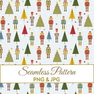 May include: A seamless pattern featuring a repeating design of colorful nutcrackers, Christmas trees, and stars on a light blue background. The nutcrackers are in various colors, including red, green, and blue. The trees are green, yellow, and red.
