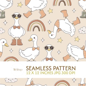Puede incluir: Patrón sin costuras con gansos de dibujos animados con pajaritas, gafas de sol y botas, junto con arcoíris, estrellas y nubes. El diseño está sobre un fondo beige. El patrón mide 30,48 x 30,48 cm.
