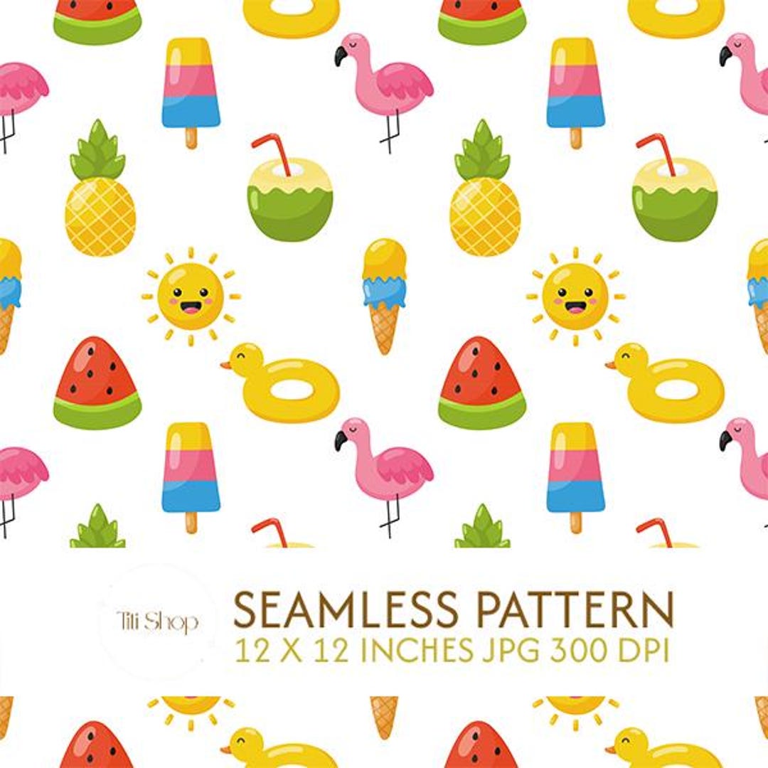 Seamless Pattern Kawaii Summer, Cute Flamingo, Pineapple & Watermelon ...