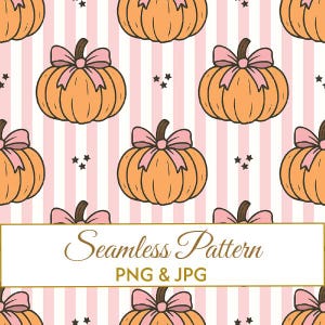 Seamless Coquette Pumpkin Bow Pattern JPG PNG, Pink Halloween Digital Paper, Pink Stripe Fall Fabric Design, Spooky Season Commercial Art