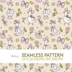 Puede incluir: Patrón sin costuras con gansos de dibujos animados con lazos y sombreros rosas, margaritas, tulipanes y regaderas sobre un fondo melocotón claro. El patrón incluye el texto "SEAMLESS PATTERN 12 X 12 INCHES JPG 300 DPI".