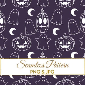 Seamless Halloween Pattern, Cute Ghost Digital Paper, Purple Pumpkin Fabric Design, Spooky Holiday Commercial Use Clipart JPG PNG