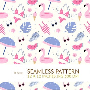 Puede incluir: Patrón sin costuras con flamencos rosas, conos de helado, gafas de sol, rodajas de sandía y sombrillas azules sobre un fondo crema. El diseño incluye hojas tropicales y un bikini. El texto dice "SEAMLESS PATTERN 12 X 12 INCHES JPG 300 DPI".