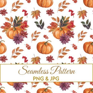 Puede incluir: Un patrón continuo con ilustraciones en acuarela de calabazas naranjas, dalias de color púrpura oscuro, bayas rojas y hojas de otoño sobre un fondo blanco. El texto Seamless Pattern PNG & JPG está centrado en un recuadro blanco.