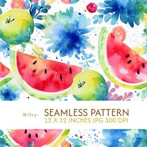 Watercolor Watermelon & Apple Seamless Pattern, Bright Floral Fruit Digital Paper, Summer Botanical Fabric, Hand-Painted Tropical Island Art