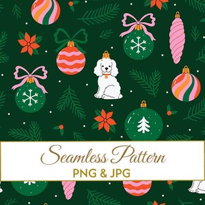 Puede incluir: Diseño de patrón sin costuras con adornos navideños, un perro blanco y elementos florales sobre un fondo verde oscuro. Los adornos son de varios colores, incluyendo rosa, naranja y verde. Se muestra el texto "Seamless Pattern PNG & JPG".