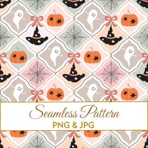 Puede incluir: Un patrón sin costuras con una cuadrícula de cuatrifolios repetida, llena de iconos de Halloween que incluyen fantasmas blancos, calabazas naranjas con estrellas negras, sombreros de bruja negros con estrellas blancas, telarañas y lazos rosas.