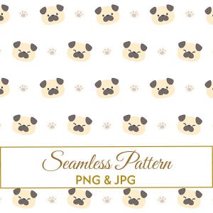 Puede incluir: Patrón sin costuras con ilustraciones repetidas de caras de pug y huellas de patas sobre un fondo blanco. Los pugs tienen caras color canela, orejas y narices marrones oscuras y ojos cerrados. Las huellas son de color gris claro.