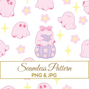Seamless Pink Ghost with Bow Pattern JPG PNG, Kawaii Reading Ghost Digital Paper, Coquette Halloween Fabric Design, Cute Spooky Art