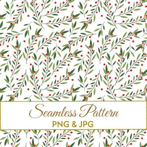 Puede incluir: Un patrón continuo con ramas de hojas verdes y pequeñas bayas rojas sobre un fondo blanco. Un recuadro blanco con borde dorado contiene el texto Seamless Pattern PNG & JPG en una tipografía de color oro oscuro.