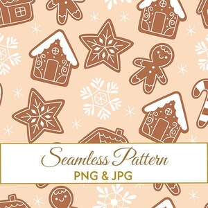 Puede incluir: Un patrón sin costuras con galletas de jengibre, casas, estrellas, copos de nieve y hombres de jengibre en tonos marrones y blancos sobre un fondo melocotón claro. La imagen incluye el texto "Seamless Pattern PNG & JPG".