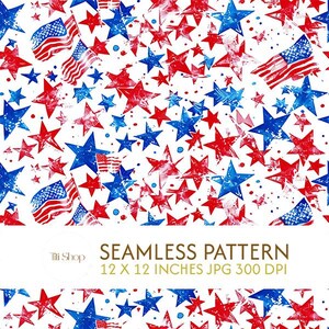 Puede incluir: Un patrón sin costuras con estrellas rojas y azules y banderas americanas sobre un fondo blanco. El diseño incluye estrellas y banderas de varios tamaños, creando un tema patriótico. También está presente el texto "SEAMLESS PATTERN 12 X 12 INCHES JPG 300 DPI".