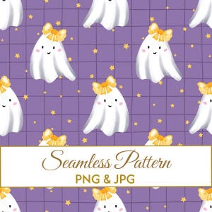 Motif sans couture d'un fantôme mignon avec un nœud jaune, papier numérique Halloween PNG JPG, motif sans couture rose Coquette effrayant pour impression sur tissu