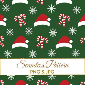 Puede incluir: Patrón navideño sin costuras sobre un fondo verde. El diseño presenta gorros de Papá Noel rojos con ribetes blancos, bastones de caramelo y copos de nieve blancos. El texto "Seamless Pattern" se muestra en una caja blanca.