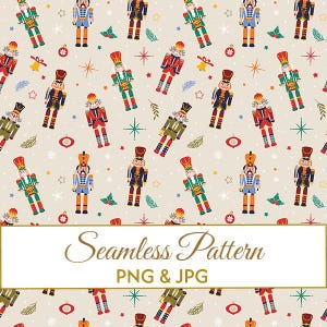 Puede incluir: Un patrón sin costuras con soldados cascanueces coloridos sobre un fondo beige claro. El diseño incluye elementos festivos como estrellas y acebo. El texto "Seamless Pattern" se muestra en una pancarta.