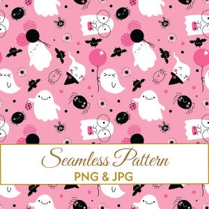 Seamless Cute Balloon Ghost Pattern JPG PNG, Pink Halloween Digital Paper, Kawaii Spider Bat Fabric Design, Kids Spooky Commercial Art