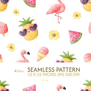 Puede incluir: Patrón sin costuras con ilustraciones en acuarela de un flamenco, piña con gafas de sol, rodajas de sandía, conos de helado y flores amarillas sobre un fondo blanco. También se incluye el texto "SEAMLESS PATTERN" y las dimensiones.
