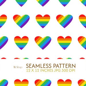 Puede incluir: Patrón sin costuras con corazones de arcoíris repetidos sobre un fondo blanco. Los corazones están dispuestos en filas y columnas. Incluye el texto "SEAMLESS PATTERN 12 X 12 INCHES JPG 300 DPI". El patrón mide 30,48 cm x 30,48 cm.