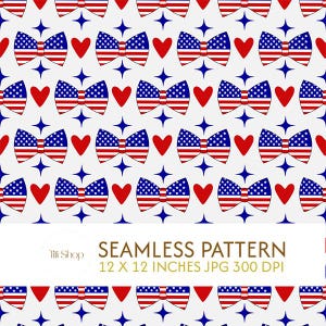 Puede incluir: Patrón sin costuras con lazos, corazones y estrellas en rojo, blanco y azul. Las pajaritas están diseñadas con la bandera americana. El patrón está sobre un fondo blanco.