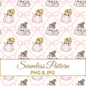 Seamless Pink Ribbon Pattern JPG PNG, Cute Ghost with Bow Digital Paper, Kawaii Gingham Witch Fabric Design, Coquette Spooky Art