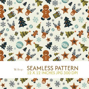 Puede incluir: Patrón navideño sin costuras con hombrecitos de jengibre, renos, árboles de Navidad, copos de nieve y estrellas en tonos marrón, verde, azul y blanco. El texto dice "Seamless Pattern 12 x 12 inches JPG 300 DPI".