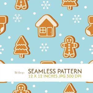 Puede incluir: Patrón sin costuras con diseños de casa de jengibre, hombre, árbol y copo de nieve en tonos marrón y blanco sobre un fondo azul claro. Se muestra el texto "SEAMLESS PATTERN", junto con las dimensiones 30,48 x 30,48 cm.