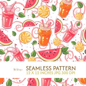 Puede incluir: Patrón sin costuras con ilustraciones de rodajas de sandía, rodajas de naranja, vasos de jugo y tarros llenos de jugo de naranja. El diseño incluye hojas verdes y remolinos rosas sobre un fondo blanco. El texto "SEAMLESS PATTERN" es visible.