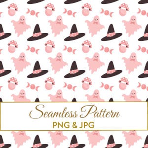 Seamless Cute Witch Hat Ghost Pattern JPG PNG, Pink Halloween Digital Paper, Kawaii Pastel Spooky Fabric Design, Kids Commercial Use Art