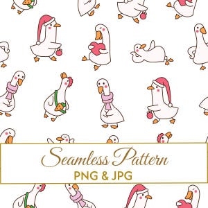 Puede incluir: Un patrón continuo con gansos blancos de dibujos animados con picos y patas naranjas. Los gansos aparecen en varias posturas, algunos con bufandas rosas o gorros de Papá Noel rojos, sosteniendo adornos, corazones o zanahorias. Texto: Seamless Pattern PNG & JPG.
