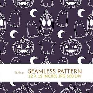 Seamless Halloween Pattern, Cute Ghost Digital Paper, Purple Pumpkin Fabric Design, Spooky Holiday Commercial Use Clipart JPG