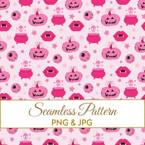 Seamless Glam Vampire Lips Pattern JPG PNG, Pink Halloween Digital Paper, Coquette Pumpkin Bow Fabric Design, Cute Spooky Commercial Art
